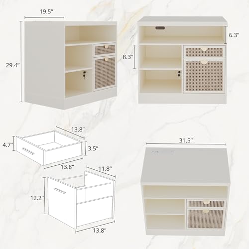 2 Drawers Storage File Cabinet with Lock & Outlet, 31.5W*29.4H | Wood Filing Cabinet for Home Office with Storage Shelves, Printer Stand & Credenza, Fits A4/Letter Size, AC/USB, White Rattan