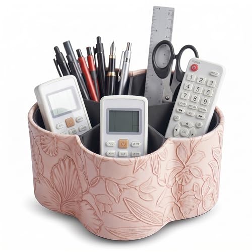 Flower Shaped Leather Art Supply Organizer,Remote Control Holder,360 Degree Spinning,Multi-Functional Pencil Holder,5 Compartments Desktop Stationary Organizer(1-Flower Pink) - color: 1-Flower Pink, size: 360 Degree Rotation