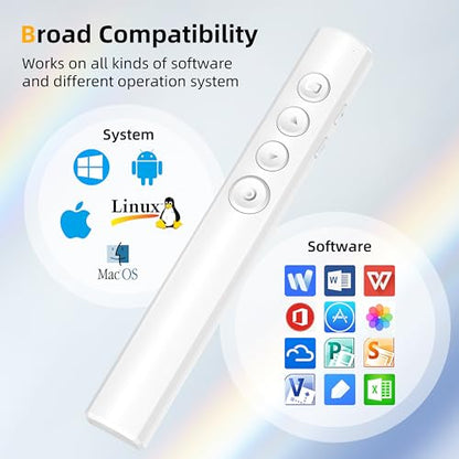 Wireless Presentation Clicker for Powerpoint Slideshow, Office/Classroom PPT Remote Presenter Pointer Slide Advancer with USB Receiver for Computer/MacBook Laptop/PC White Red Light