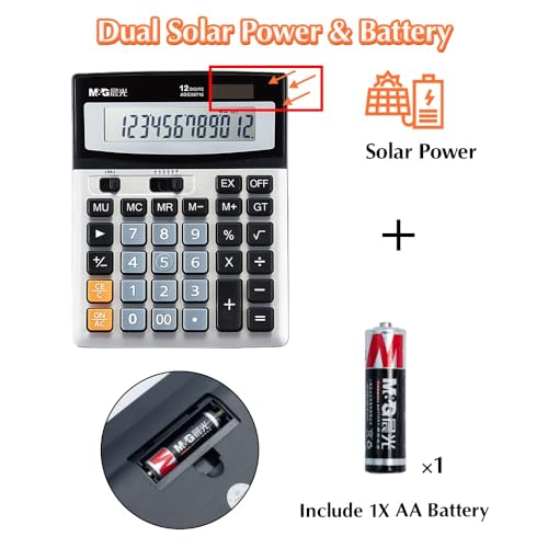 M&G Desk Calculator 12 Digit Extra Large LCD Display Calculators, Dual Solar Power and Battery, Battery Included, Metal Panel Comfort Button Calculator for Office Home - style: Large Metal Panel