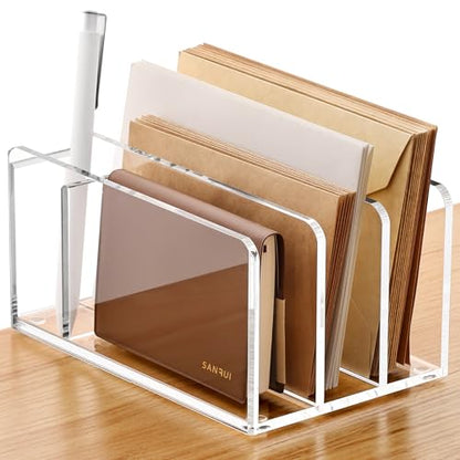 SANRUI Acrylic Mail Organizer with Pen Holder, 3-Slot Mail Holder, Clear - size: 3 Slots with Pen Holder