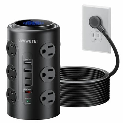6FT Tower Power Strip with Dedicated 20W PD USB-C Port - color: Black, size: 6FT