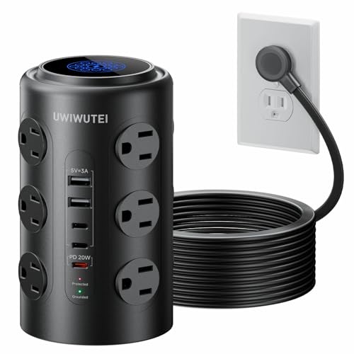 6FT Tower Power Strip with Dedicated 20W PD USB-C Port - color: Black, size: 6FT