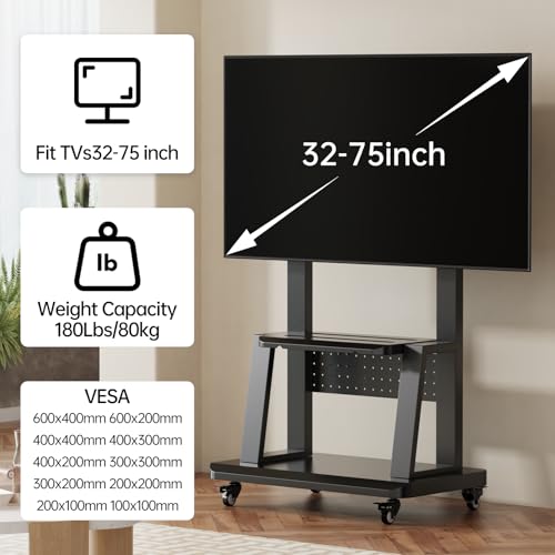 Mobile TV Stand on Wheels for 32-75 Inch TVs | with Perforated Panel Storage&Shelf, Height Adjustable Heavy-Duty Holds up to 180lbs,Max VESA 600 * 400mm - color: All Black