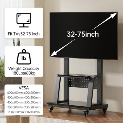 Mobile TV Stand on Wheels for 32-75 Inch TVs | with Perforated Panel Storage&Shelf, Height Adjustable Heavy-Duty Holds up to 180lbs,Max VESA 600 * 400mm - color: All Black