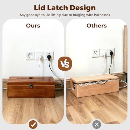 Cable Management Box with Clasp, Soild Wood Cord Box with 4 Open Slots, Cable Box to Hide Cords and Power Strip - size: Medium