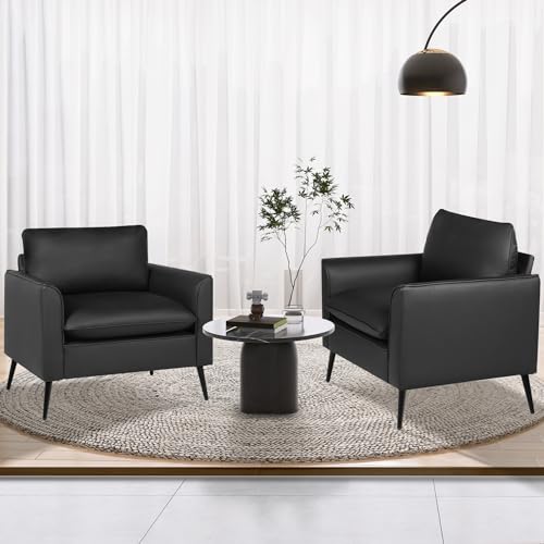 TYBOATLE Black Faux Leather Accent Chair Set of 2 | Comfy, Cozy, Reading, Mid Century Modern, Curved Armrest, Reception, Living Room, Office - color: Black
