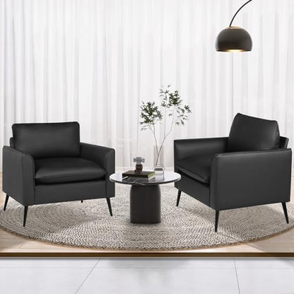 TYBOATLE Black Faux Leather Accent Chair Set of 2 | Comfy, Cozy, Reading, Mid Century Modern, Curved Armrest, Reception, Living Room, Office - color: Black