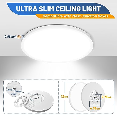 Allsmartlife 12 Inch LED Flush Mount Ceiling Light, 24W 3CCT 3000K/4000K/6500K Bathroom Ceiling Light Fixtures Round - color: White, size: 12inch 6-Pack