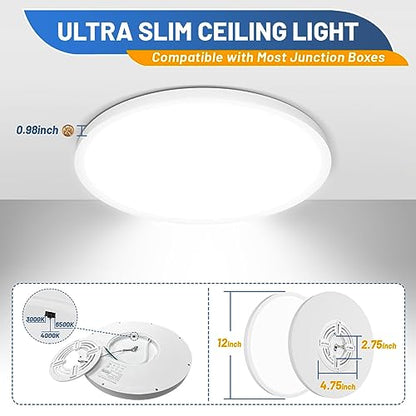 Allsmartlife 4-Pack LED Flush Mount Ceiling Light, 12inch 24W 2880lm Dimmable CCT 3000K/4000K/6500K Edge-Lit Thin White Round Flat Panel Light Surface Mount for Kitchen，Hallway，Bedroom - color: White, size: 12inch 4-Pack