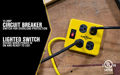 Southwire Yellow Jacket Metal Power Block - Heavy Duty Design - 4 Outlet Grounded Plug Splitter - Lighted Switch - 4 Ft Yellow Cord Plug - Durable Workshop Use - size: 4 ft