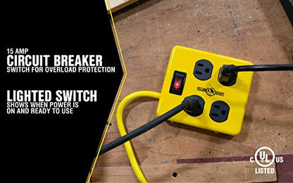 Southwire Yellow Jacket Metal Power Block - Heavy Duty Design - 4 Outlet Grounded Plug Splitter - Lighted Switch - 4 Ft Yellow Cord Plug - Durable Workshop Use - size: 4 ft