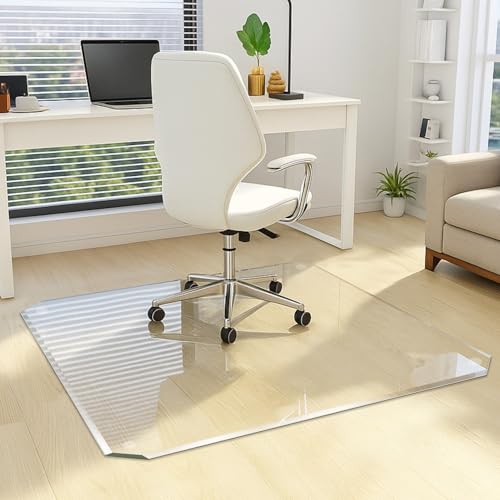 VASUHOME 46"x55" Patented Beveled Edge Tempered Glass Chair Mat, Heavy-Duty Office Floor Mat for Hardwood & Carpet, 1/5" Thick, Includes 12 Anti-Slip Pads - size: 46" x 55"