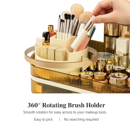 Makeup Organizer Countertop with Dual Drawers, Large Capacity Cosmetic Storage for Vanity Bathroom Skincare, 360° Rotating Makeup Brush Holder - color: brown