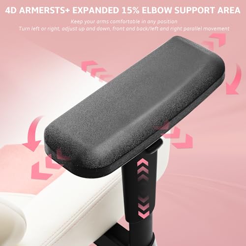 Ergonomic Gaming Chair, Computer Desk Chairs, 4D Armrests, High Back Office Chair with Headrest & Lumbar Pillow, Tilt Rocker Recliner, Heavy-Duty Base, White PU Leather & Pink Suede Comb