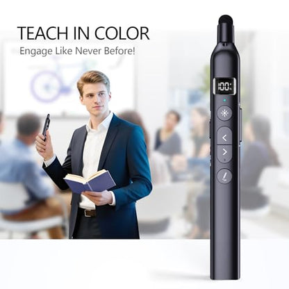 N21 Bluetooth Presentation Clicker for PowerPoint with Retractable Pointer | ①Laser Pointer②Telescopic touch pen③Countdown timer, vibration alert ④Customizable Button ⑤Rechargeable;battery level display - color: Black - Green Pointer
