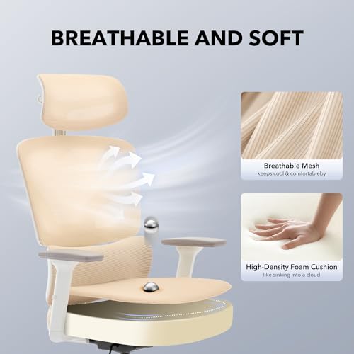 Ergonomic Office Chair Mesh – Adjustable Lumbar 3D Armrests High-Back Desk - color: Beige-d1