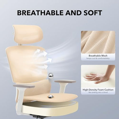 Ergonomic Office Chair Mesh – Adjustable Lumbar 3D Armrests High-Back Desk - color: Beige-p1