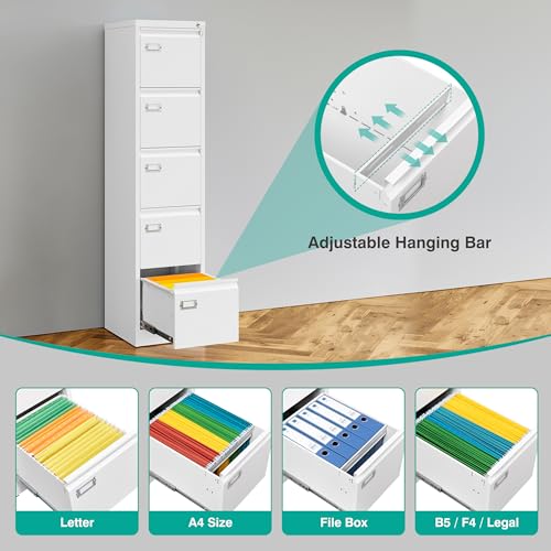 SISESOL 5 Drawer File Cabinet with Lock,White Narrow Vertical File Cabinet Five Drawer,Tall Office Filing Cabinets,Metal Filing Cabinets for Home Office,Fit A4,Legal,Letter Size,-Assembly Required - color: White, style: 5 Drawer