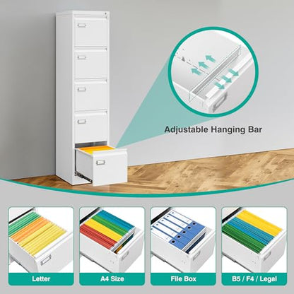 SISESOL 5 Drawer File Cabinet with Lock,White Narrow Vertical File Cabinet Five Drawer,Tall Office Filing Cabinets,Metal Filing Cabinets for Home Office,Fit A4,Legal,Letter Size,-Assembly Required - color: White, style: 5 Drawer