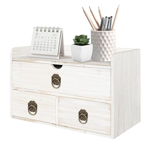 Wood Desk Organizer with Drawer, White Wooden Desktop Organizer, Tabletop Storage Organization Box for Countertop, Home Office Supplies, 13.5x6.6x8.2 Inch(3 Drawer and Shelf) - color: Vintage White, size: 3 Drawer and Shelf