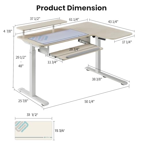 EUREKA ERGONOMIC 55 Inch L Shaped Electric Standing Desk, Height Adjustable Computer Gaming Desk with Keyboard Tray, Mouse Pad,Home Office Work,Maple Wood, Right Side - color: Maple, size: 55 inch-Right Side