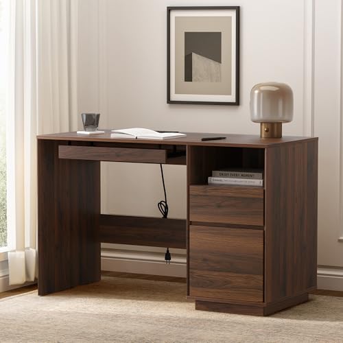 47" Executive Desk with File Drawer, Farmhouse Computer Desk with Charging Station and Open Storage Compartment Wooden Home Office Desk for Writing Study Working, Brown - color: Brown, size: 21.7"D x 47"W x 29.9"H