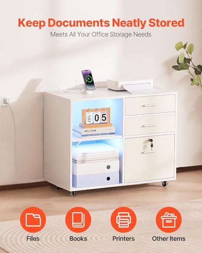 VEVOR 3 Drawer Wooden File Cabinet, Mobile Filing Cabinet with Light Strip, Lockable Rolling File Storage with Adjustable Shelves & 5 Wheels, Free Standing Printer Stand for Home Office School, White