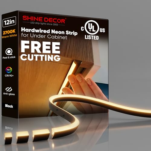 Under Cabinet Lighting Strip, Free Cuttable LED Silicone Neon Rope Hardwired 24V Anti-Glare Bright Cozy 228 Lumen for Indoor, Adhesive Black Shell 2700K Warm 12” UL Certified, No Adapter - color: Warm LEDs + Black Shell, size: 12 inch