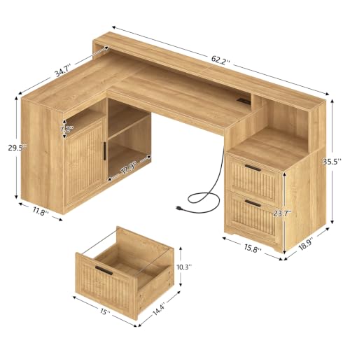 TVU Farmhouse L Shaped Desk with Drawers, 62.2" Home Office Desk with Storage Shelves and Power Outlet, L Shaped Computer Desk with Monitor Stand and Printer Shelf, Oak - color: Oak