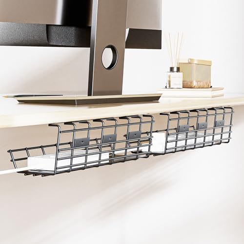 2 Pack DELAMU Under Desk Cable Management Tray, Large Metal Cord Organizer, Office & Home Cord Wire Management Under Desk Shelf, Easy Install Pre-drilled Cable Organizer, Black