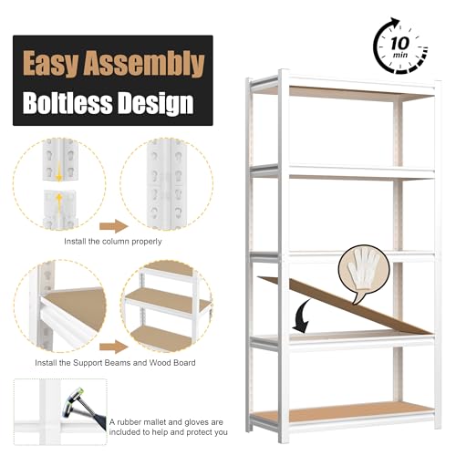 PrimeZone 35.4" W x 15.7" D x 72" H White Book Shelf, 5-Tier Bookcase | Modern Open Design, Adjustable Shelves, Standing Display Organizer for Books, Plants & Décor, Sturdy Double-layered Columns - size: 35.4" W x 15.7" D x 72" H