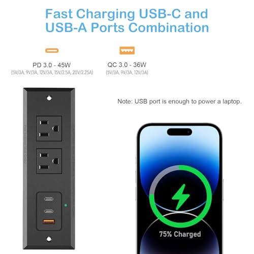 CCCEI Recessed Power Strip with 45W USB-C Ports, Fast Charging USB A Port Desk Outlet, Black Furniture Hidden Charging Station for Side Table, End Table, with 6 FT 45 Degree Flat Plug Extension Cord. - size: 6FT, style: 45W USB-C