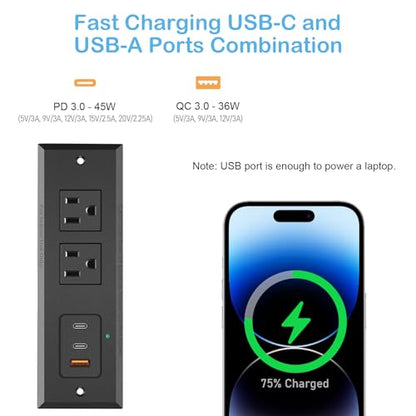CCCEI Recessed Power Strip with 45W USB-C Ports, Fast Charging USB A Port Desk Outlet, Black Furniture Hidden Charging Station for Side Table, End Table, with 6 FT 45 Degree Flat Plug Extension Cord. - size: 6FT, style: 45W USB-C