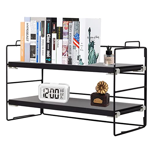 PowerKing Desk Shelf Organizer, 2-Tier Desktop Shelves with Wood Board, Adjustable Bookshelf Storage Rack for Home Office School Study Room (Black Frame + Black Wood) - color: Black Shelf + Black Wooden, size: 2 Tier