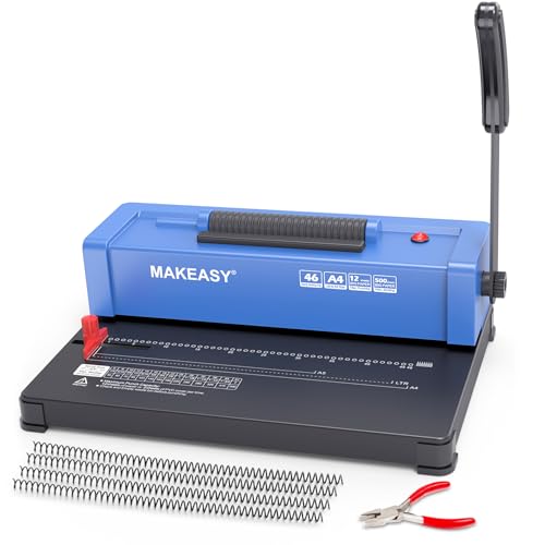 MAKEASY Spiral Binding Machine, 4:1 Pitch, 12 Sheets Punch Capacity, Electric Coil Insert, Book Binder Machine for A4/A5/Letter Size Paper, Comes with 100 pcs 5/16'' Coils & Pliers - color: Blue