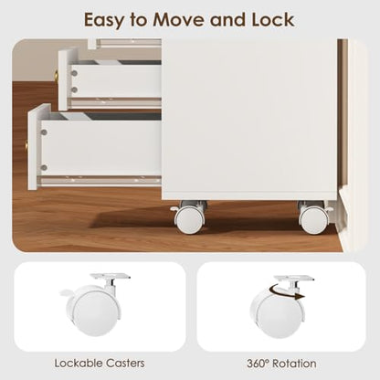 Under Desk Storage, 4 Drawer Small File Cabinet, Chest of Drawer with Glass Top, Mobile Printer Stand with Lockable Wheels for Home Office Study, White