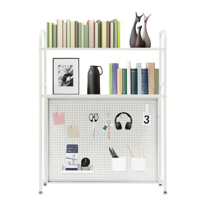 Desktop Hutch Bookshelf, 2-Tier Metal Desk Shelf Bookcase, Countertop Storage Organizer, Multipurpose Display Rack with Pegboard Hooks Screwdriver Set for Dorm Office Home (White, 29.53")