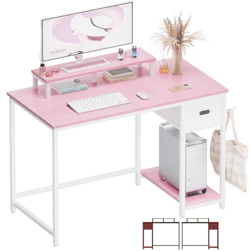 Pamray 39 Inch Small Computer Desk with Monitor Stand and Drawer for Gaming | Small Gaming Desk, for Bedroom Small Spaces, Home Office, Dorm and Apartment, for Writing, Study and Working - color: Pink
