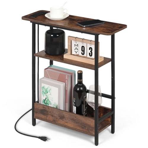 Narrow End Table with USB-C Charging Station, 3-Tier Slim Side Table | Modern Space-Saving Small End Table with Charging Station, Storage Shelves for Couch, Bedroom, Living Room, Small Spaces