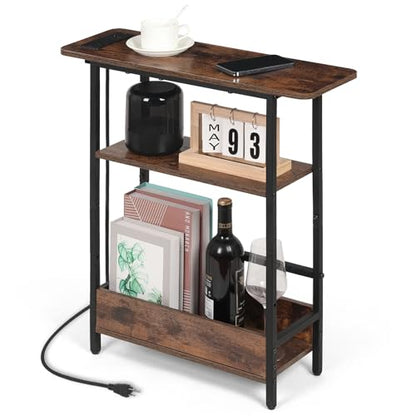 Narrow End Table with USB-C Charging Station, 3-Tier Slim Side Table | Modern Space-Saving Small End Table with Charging Station, Storage Shelves for Couch, Bedroom, Living Room, Small Spaces