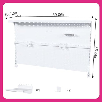 Clamp-On Metal Desk Pegboard with Dual Monitor Stand–No Drilling Needed! 59x35 Inch Steel Privacy Panel with Hooks & Movable Partition, Peg Board Wall Organizer for Gaming & Office - color: White