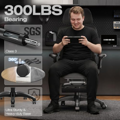 ELABEST X100 Ergonomic Mesh Office Chair with Footrest, Big and Tall Home Desk Chair with 5D Flip-Up Arms, Adjustable 3D Lumbar Support, Gaming & Executive Computer Chair (Night Reaper) - color: Night Reaper