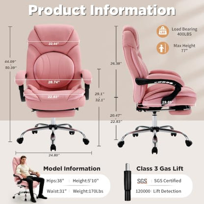 Wide Comfy Office Desk Chair for Women with Lumbar Support Pink | Big Tall Computer Gaming Chair, Adjustable Lumbar Back Support, Wide Seat, Heavy Duty, Wheels, Faux Leather - color: Bright Pink