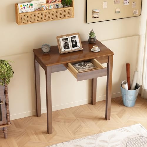 Solid Wooden Desk with Drawers - 28 x 16 Inch Narrow Desks for Small Spaces, Rubberwood Simple Study Table, Small Writing Desk for Bedroom - Walnut Color - color: Walnut, size: 27.6 in W x 15.7 in D