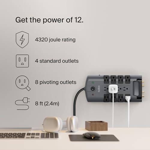 Belkin Surge Protector Power Strip w/ 8 Rotating & 4 Standard Outlets - 8ft Sturdy Extension Cord w/ Flat Pivot Plug for Home, Office, Travel, Desktop & Charging Brick - 4320 Joules of Protection - style: 1 Pack