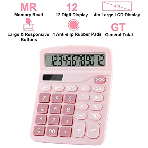 Office Calculators Desktop, 12-Digit Dual Power Cute Calculator with Large LCD Display Big Button for Office Home and School (Pink)