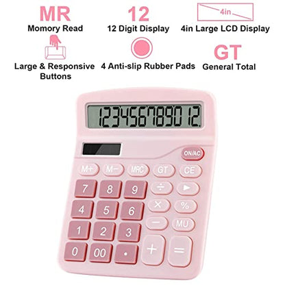 Office Calculators Desktop, 12-Digit Dual Power Cute Calculator with Large LCD Display Big Button for Office Home and School (Pink)