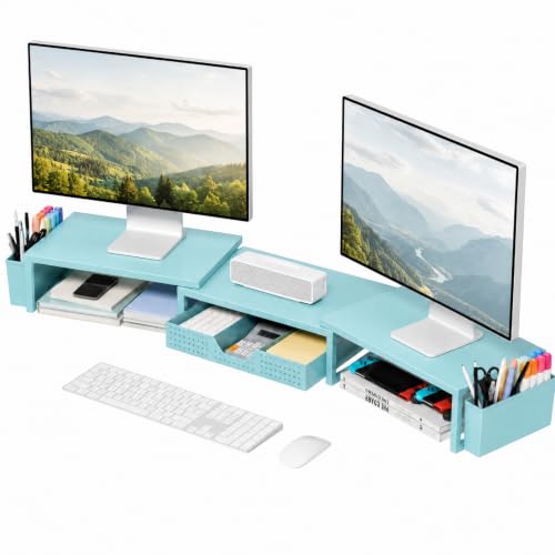 Desk Organizers and Accessories, Dual Monitor Stand Riser with Drawer and 2 Pen Holders, Desk Shelf Computer Racks & Printer Stand for Office Workspace Organizers, Desktop Organization (Blue) - color: Blue