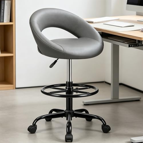 Drafting Chair for Standing Desk, Counter Height Rolling Stool | Adjustable Barstool with Footrest & Back Support, 360° Swivel Caster, PU Leather, for Home Office Salon Kitchen Garage, Gray - color: Grey, size: 1 Pack